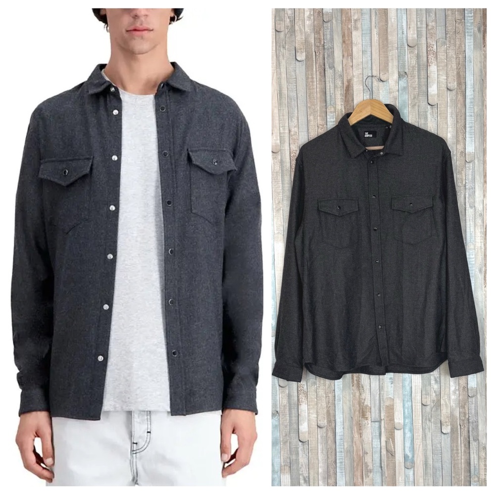 New The Kooples XXL Plain Twill Jesi Long Sleeve Snap Shirt Jacket Gray Wool